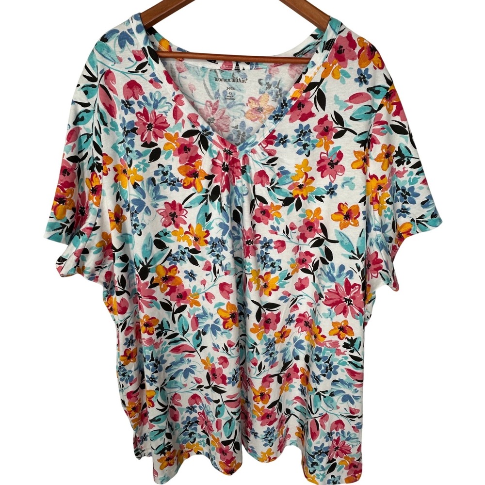 Woman Within Floral Print Short Sleeved V-Neck Tee Shirt Women's Size 34/36 4X